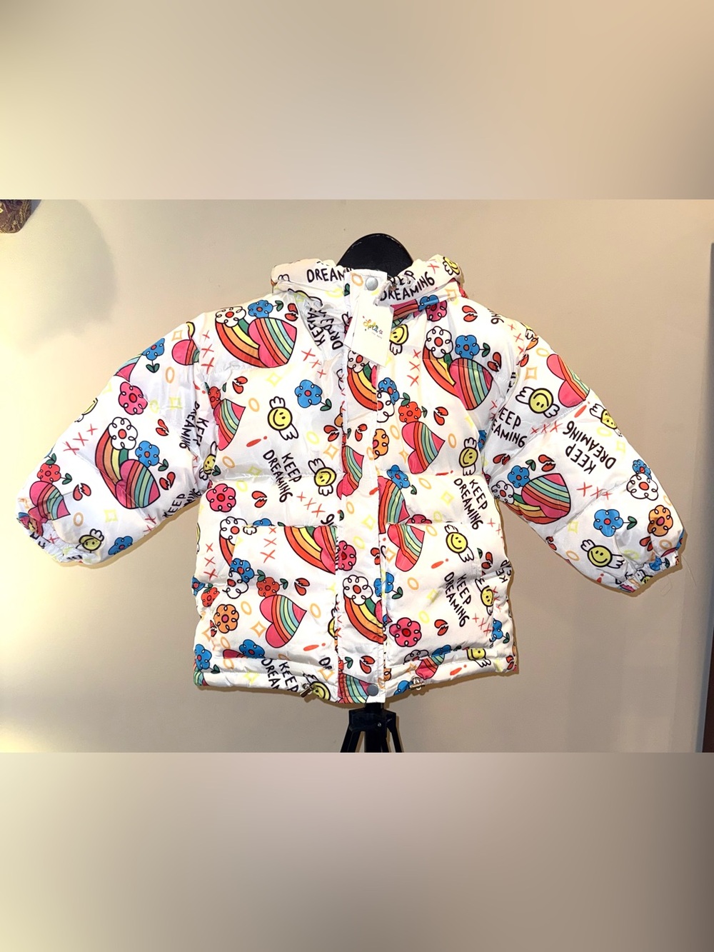 Lola + The Boys “Keep Dreaming” puffer in smiley faces and rainbows, sz 4, NWT